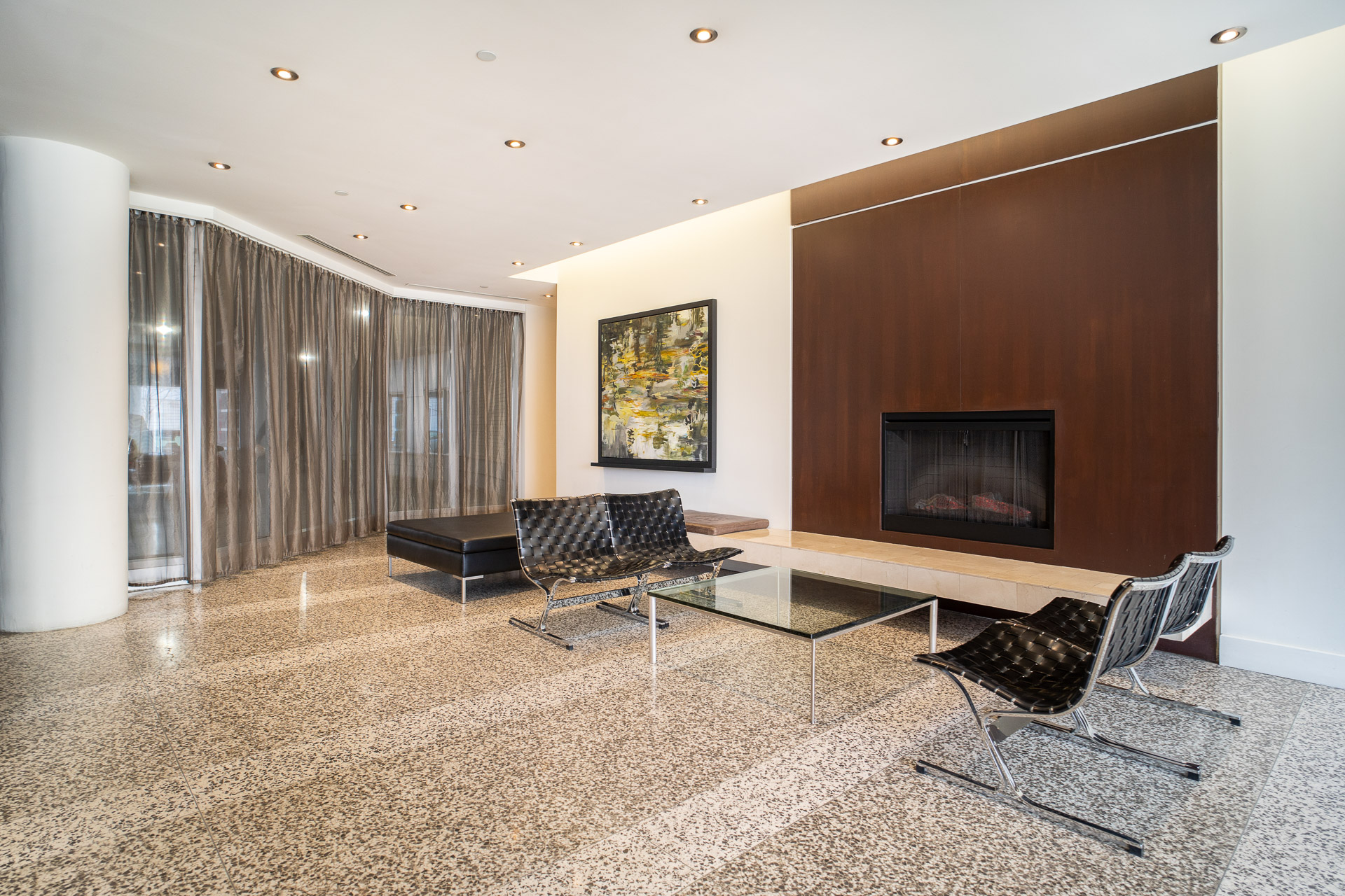 Building lobby with fireplace